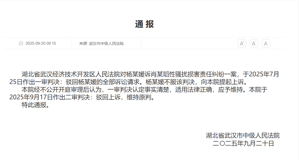 武汉中院作出二审判决：驳回杨某媛的上诉，维持原判